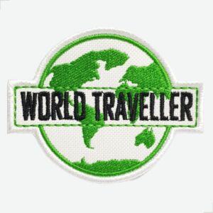 Patch Bordado World Traveller, Emblema Circular Verde e Branco