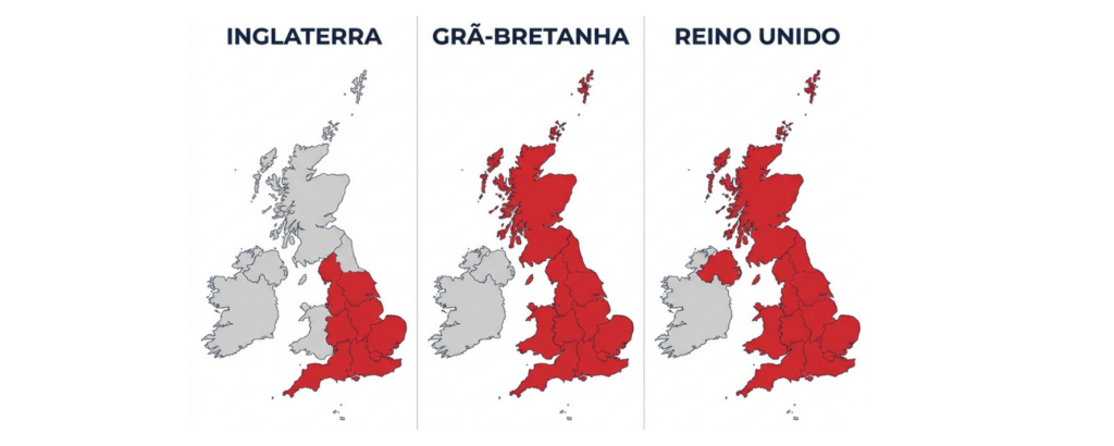 Inglaterra, Grã-Bretanha e Reino Unido: diferença geográfica Infográfico mostrando a diferença entre Inglaterra, Grã-Bretanha e Reino Unido