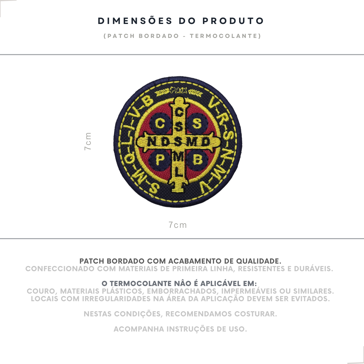 Infográfico mostrando o patch bordado Medalha de São Bento com 7 cm de diâmetro
