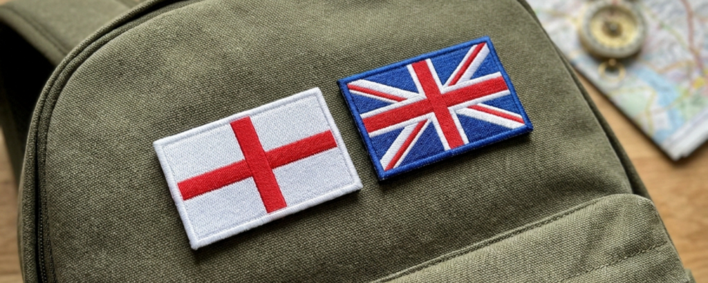 Patches da Inglaterra e do Reino Unido em mochila Bandeira da Inglaterra ou do Reino Unido: Qual escolher?