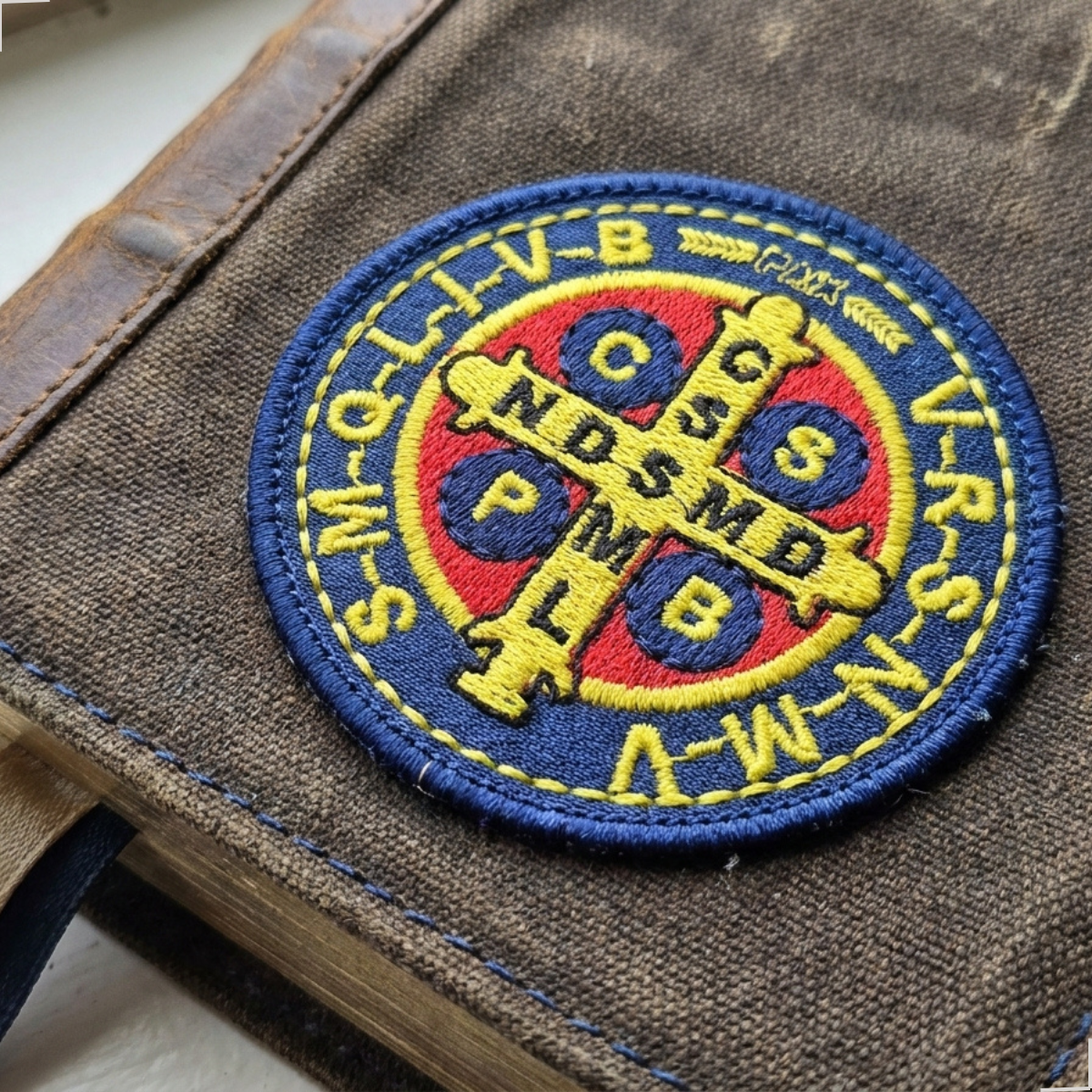 Patch bordado Medalha de São Bento aplicado em capa de Bíblia de tecido marrom