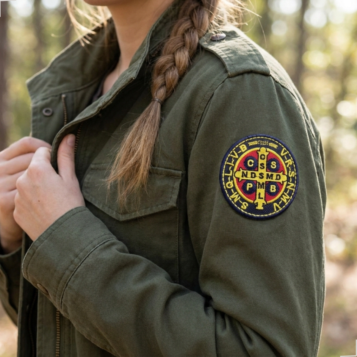 Mulher usando jaqueta verde-oliva com patch Medalha de São Bento aplicado na manga