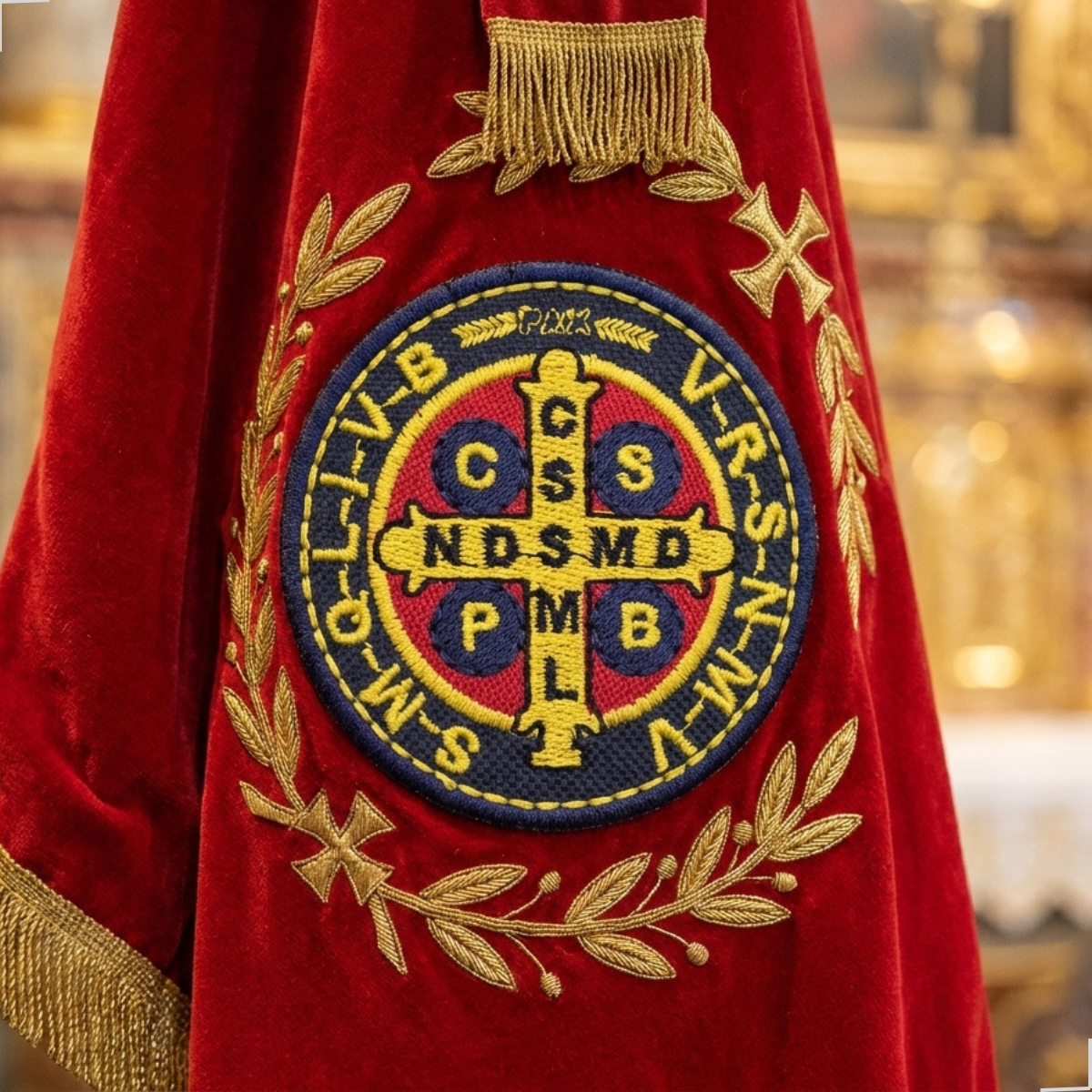 Patch bordado Medalha de São Bento aplicado em estandarte devocional vermelho