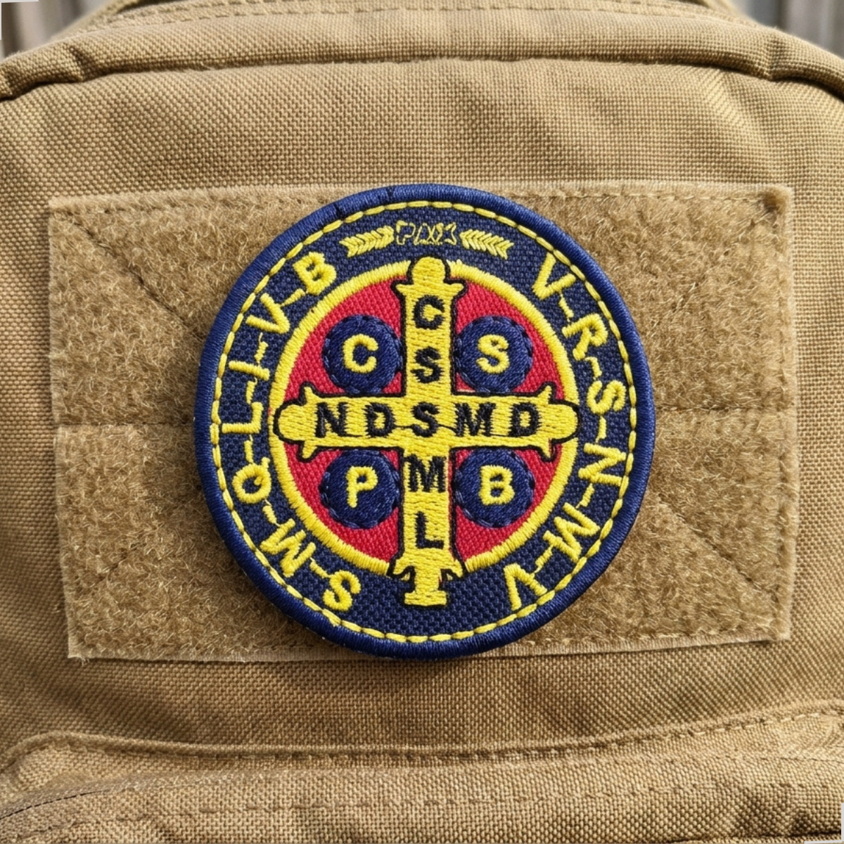 Patch Medalha de São Bento com fecho de contato preso em mochila de lona bege