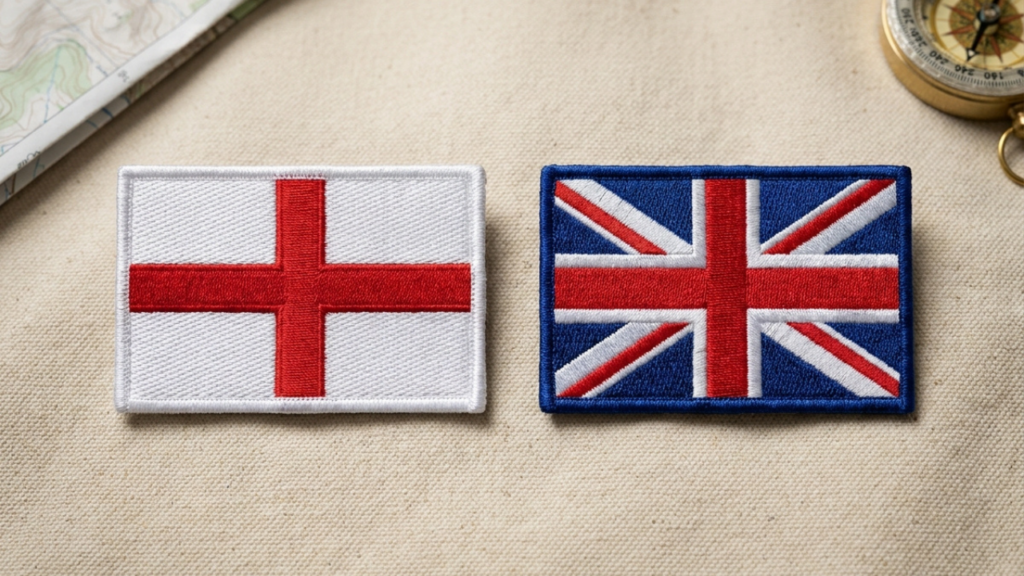 Patches bordados das bandeiras da Inglaterra e do Reino Unido lado a lado
