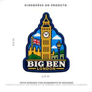 Dimensões do Patch Bordado Big Ben: 8 cm de altura por 6 cm de largura.