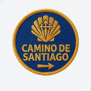 Patch bordado Camino de Santiago 8 cm azul e dourado