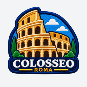 Patch bordado Coliseu com vista frontal estilizada do monumento em Roma.