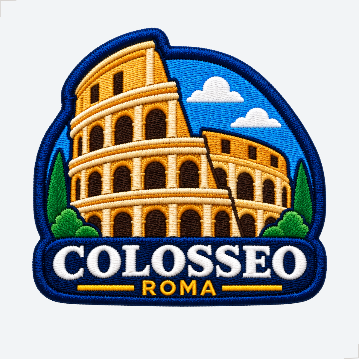 Patch bordado Coliseu com vista frontal estilizada do monumento em Roma.