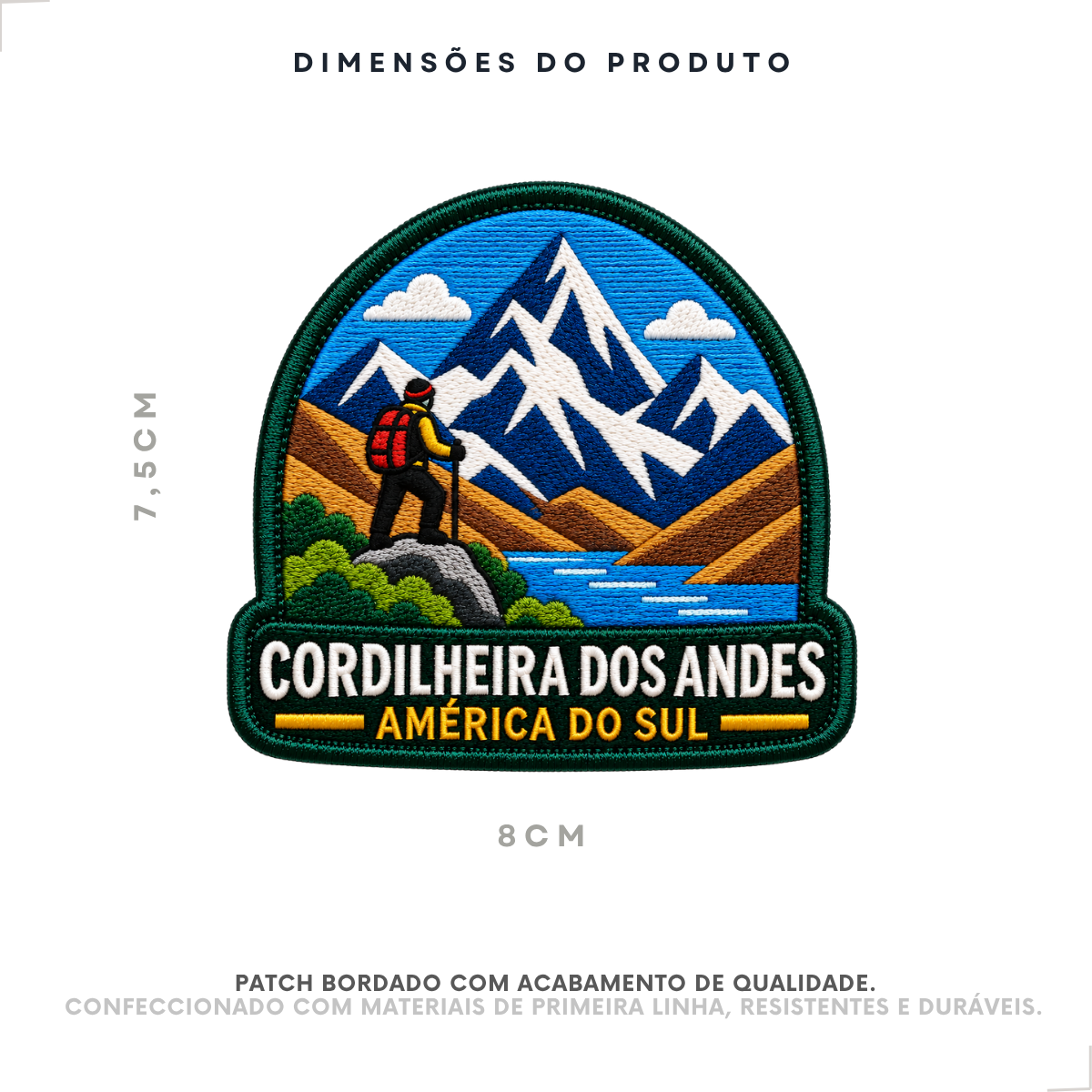 Dimensões do patch bordado Cordilheira dos Andes: 8 × 7,5 cm