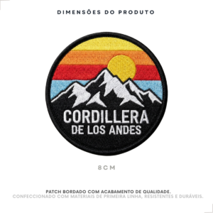 Dimensões do patch bordado Cordilheira dos Andes com 8 cm de diâmetro