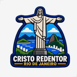 Patch bordado Cristo Redentor com paisagem do Rio de Janeiro ao fundo.