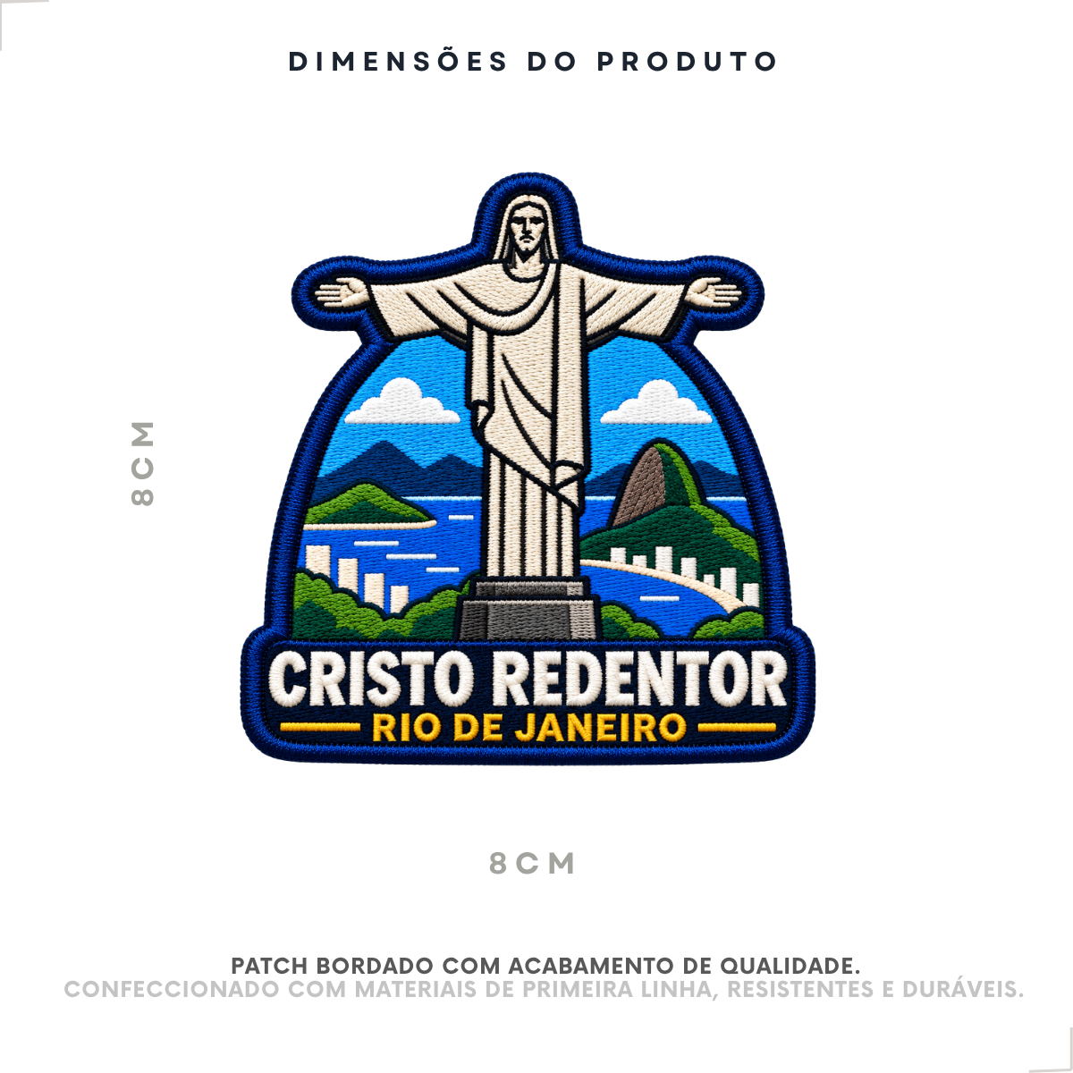 Dimensões do Patch Bordado Cristo Redentor: 8 cm de altura por 8 cm de largura.