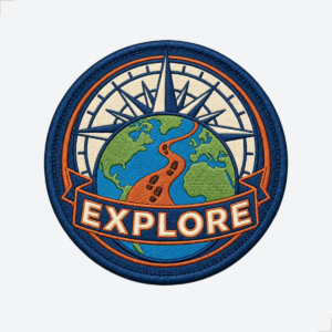 Patch bordado Explore 8cm com globo, rosa dos ventos e rota de viagem