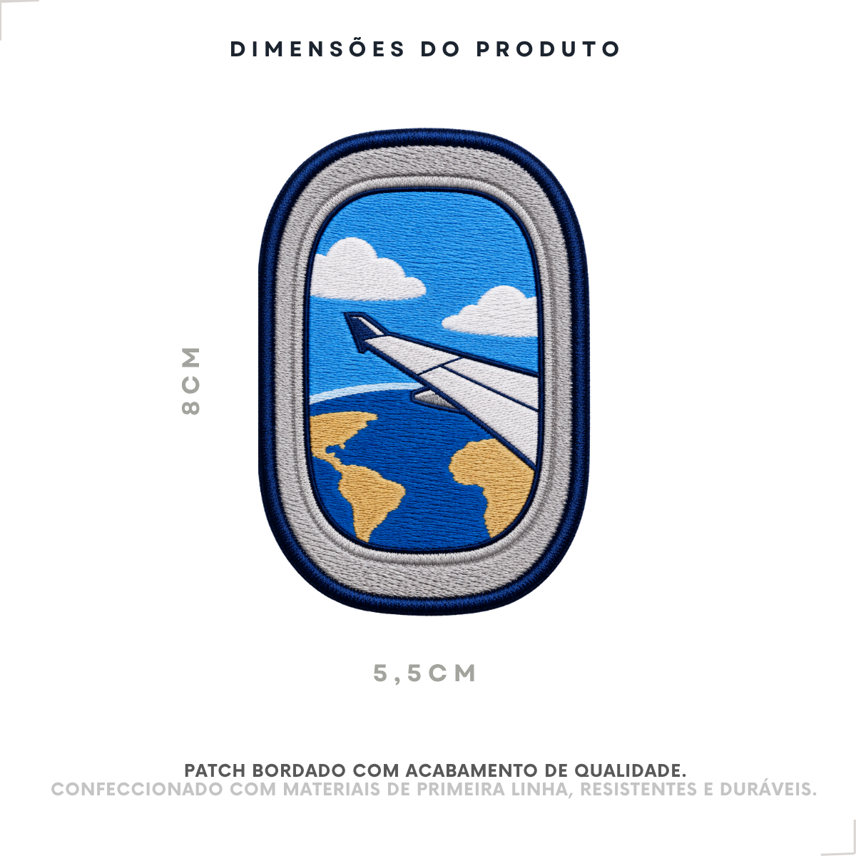 Patch bordado avião e viagem 8 x 5,5 cm com dimensões