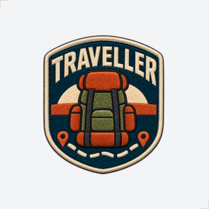 Patch bordado Traveller para mochileiro com desenho de mochila de viagem