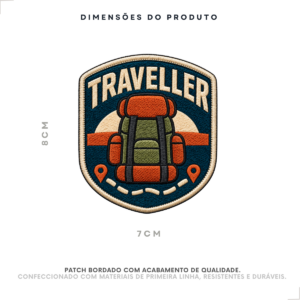 Dimensões do patch bordado Traveller para mochileiro 8x7 cm