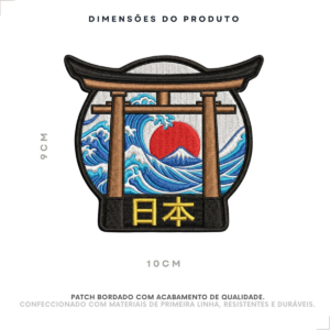 Dimensões do patch bordado Japão com torii e Monte Fuji, 10 por 9 cm