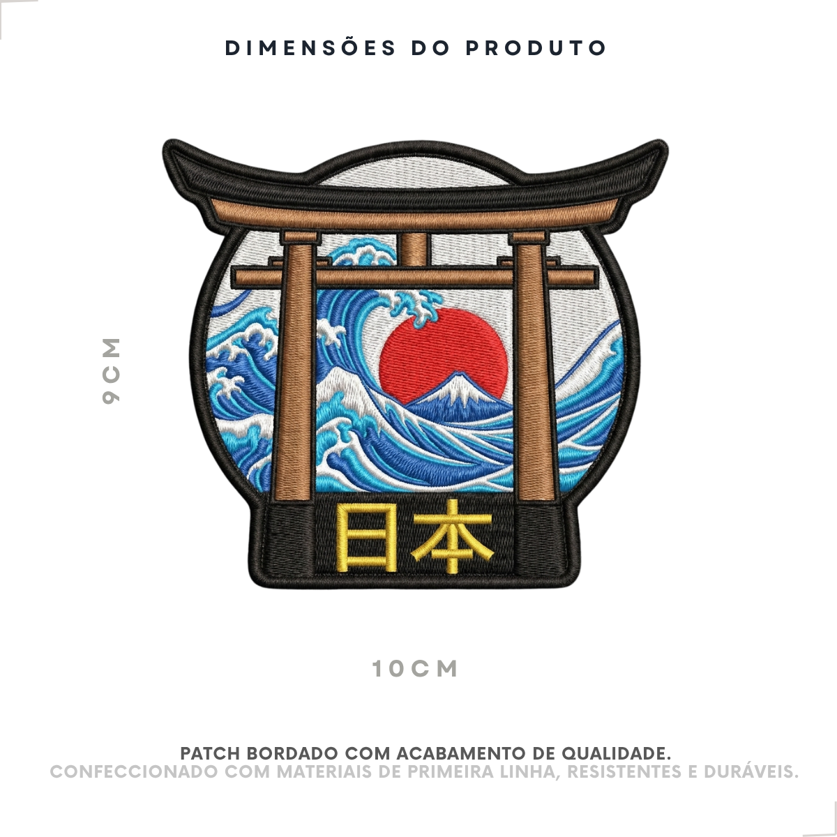 Dimensões do patch bordado Japão com torii e Monte Fuji, 10 por 9 cm