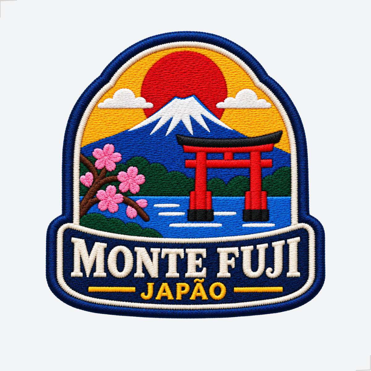 Patch bordado Monte Fuji com torii, sakura e sol vermelho do Japão