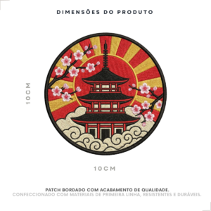 Dimensões do patch bordado Japão com pagoda e sakura, 10 por 10 cm