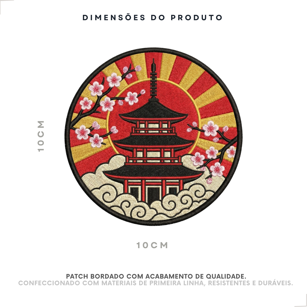 Dimensões do patch bordado Japão com pagoda e sakura, 10 por 10 cm