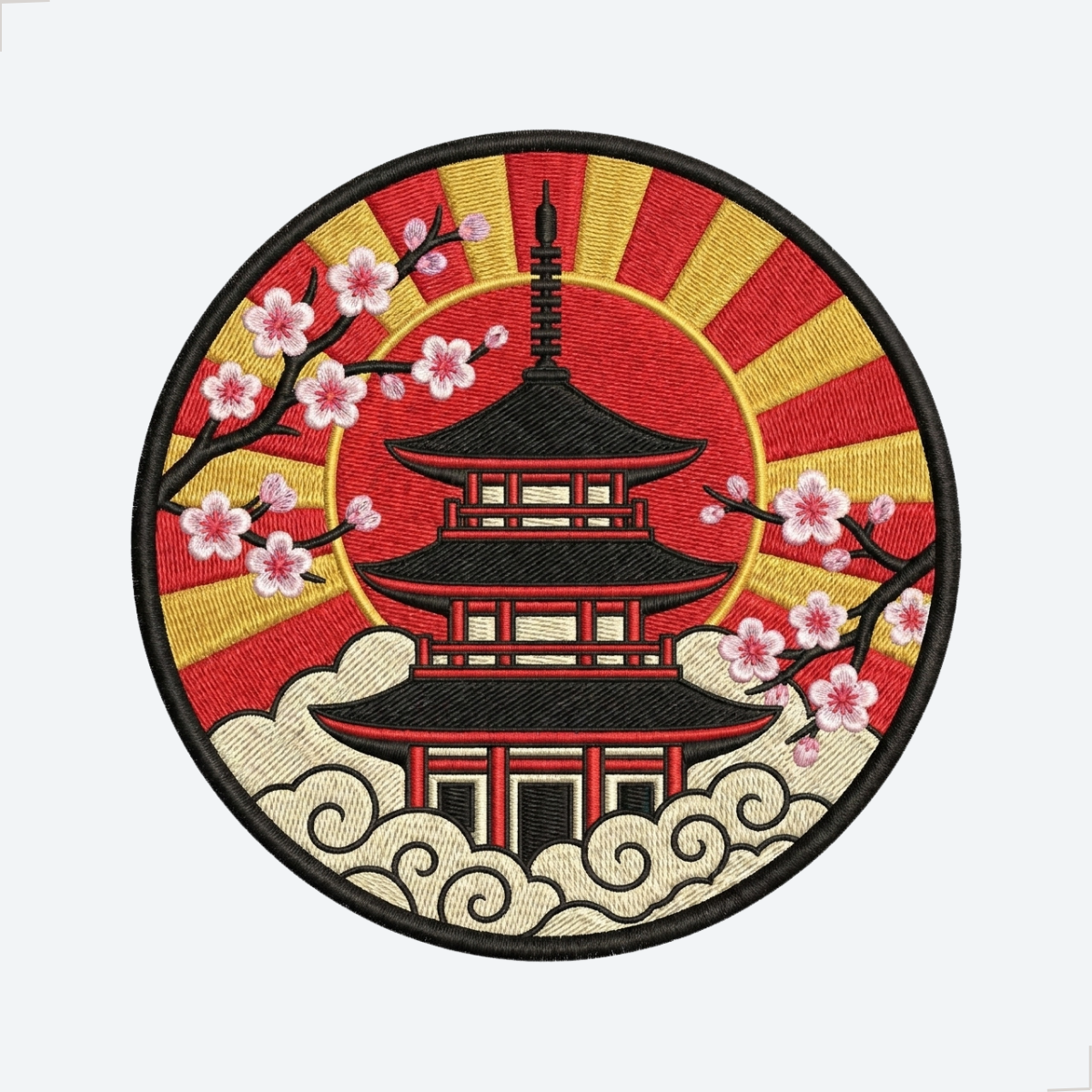 Patch bordado Japão com pagoda japonesa e flores de cerejeira