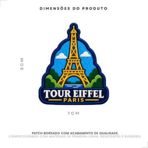 Dimensões do patch bordado Torre Eiffel: 7 × 8 cm