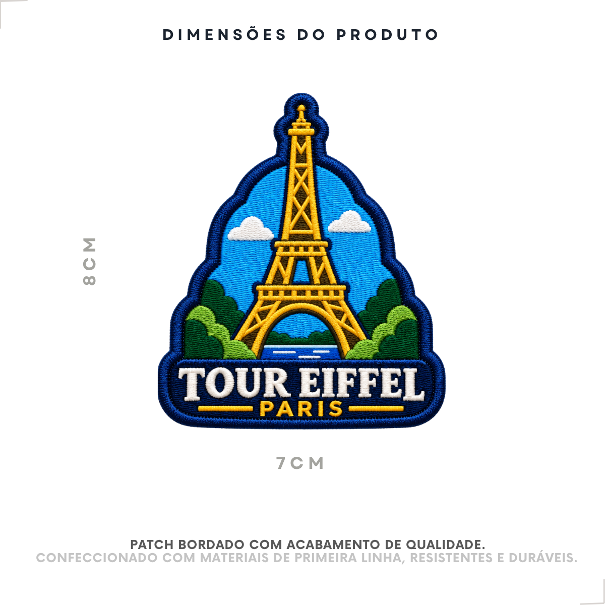 Dimensões do patch bordado Torre Eiffel: 7 × 8 cm